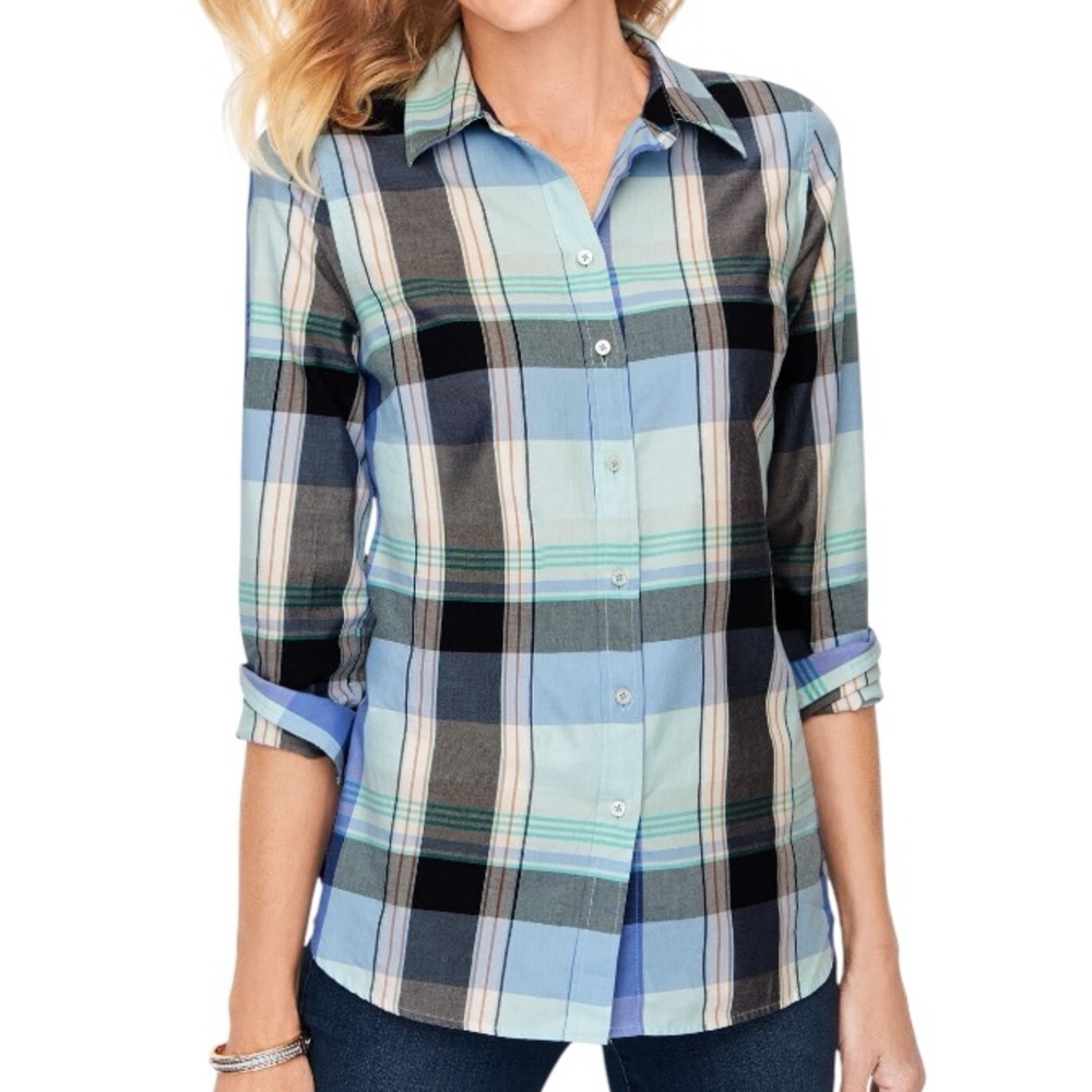 Talbots Long Sleeve Classic Cotton Button Up‎ Plaid Shirt Blue Size 3X